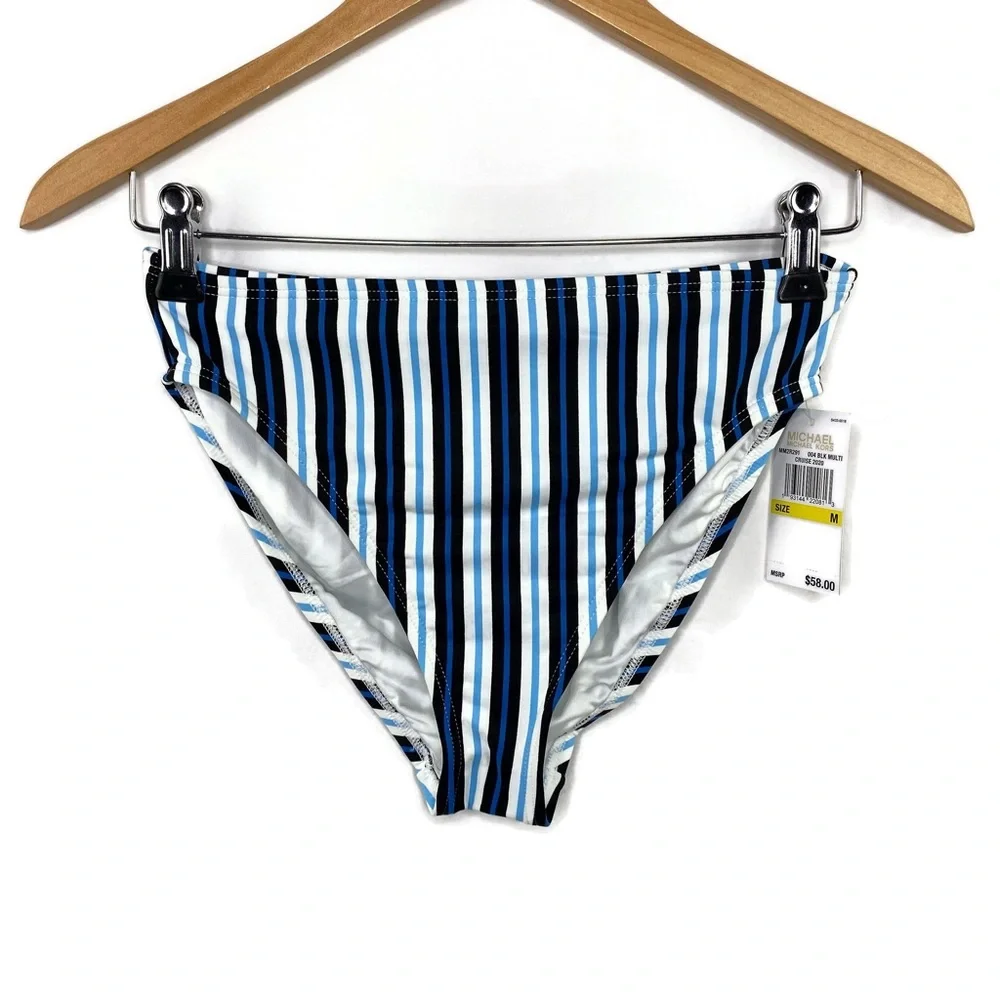 Michael Kors Cruise Horizontal Stripe High Waist Bikini Bottom Medium New